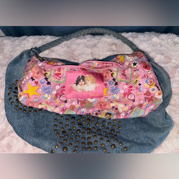 Vintage Retro Fiorucci Brass Stud Denim Hobo Pink Angel Lining & Interior Pocket - Picture 8 of 16